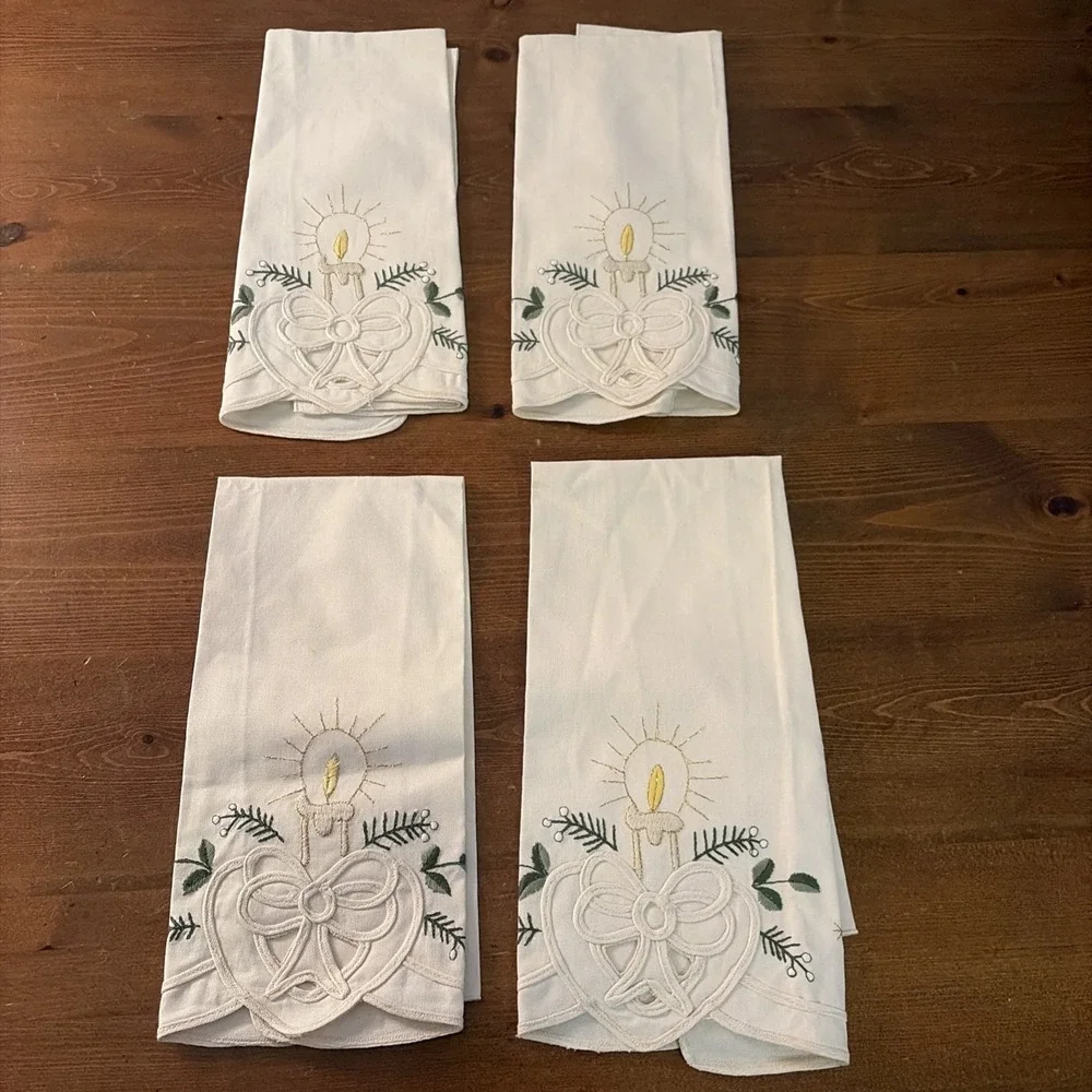 Vintage 4 Ivory Napkins Embroidered Candle Bow Cutout Approx. 12